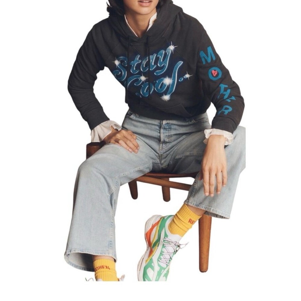 MOTHER Black Pullover Hoodie with Blue 'Stay Cool' Graphic